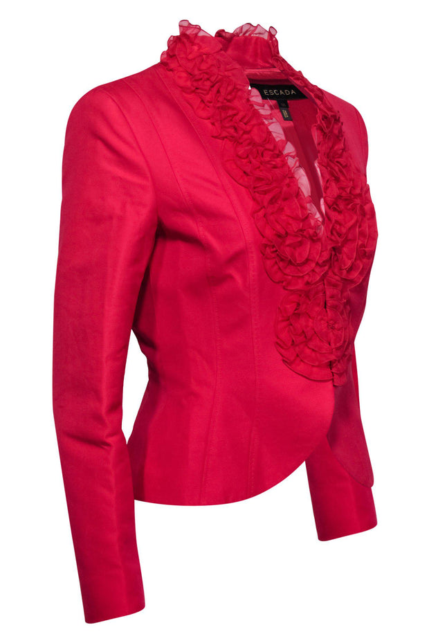 Current Boutique-Escada - Hot Pink Button-Up Blazer w/ Silk Ruffles Sz 6