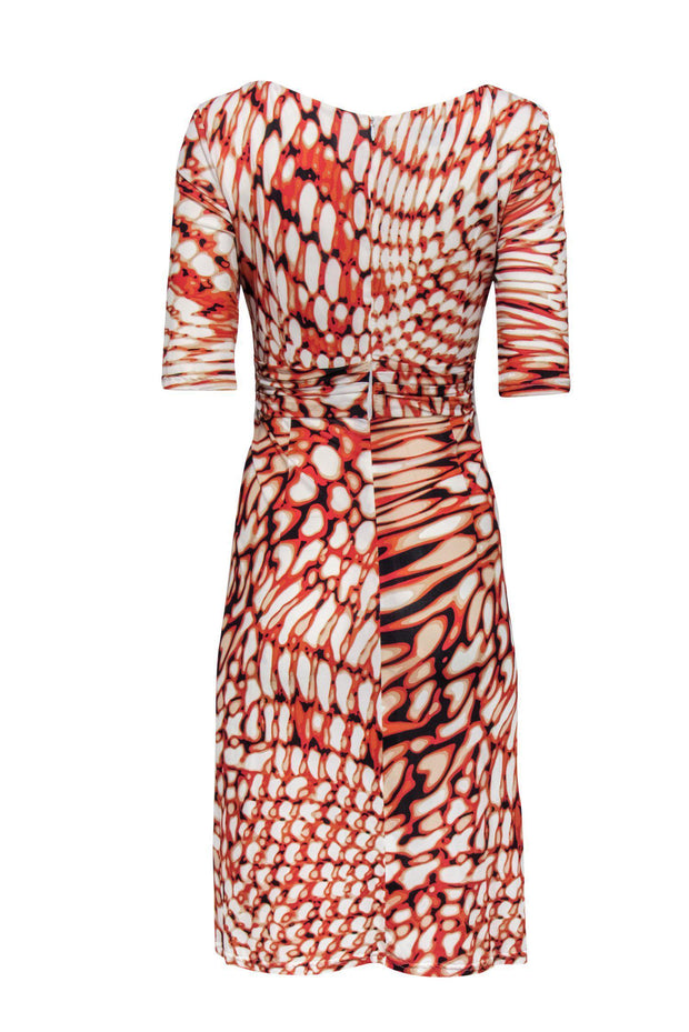 Current Boutique-Escada - Orange Printed Plunging Dress w/ Ruched Waist Sz 8