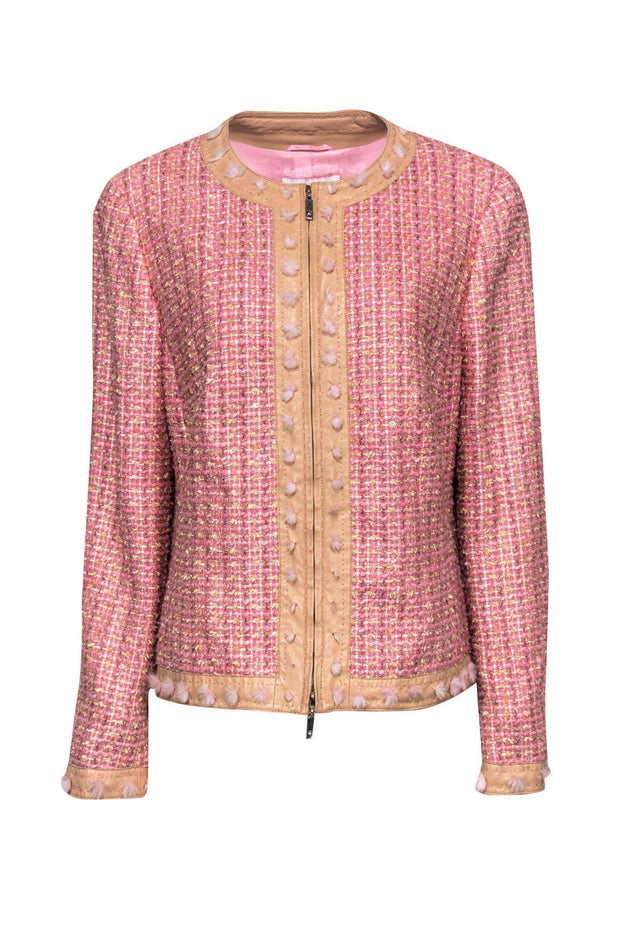 Current Boutique-Escada - Pink & Beige Metallic Tweed Jacket w/ Feather Detail Sz 16