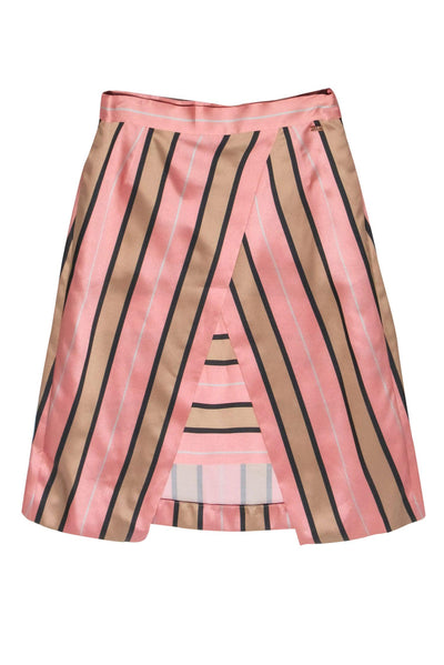 Current Boutique-Escada - Pink, Tan & Grey Striped Crisscross Skirt Sz 4