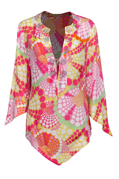 Current Boutique-Escada - Pink & Yellow Printed Long Sleeve Silk Blouse w/ Rhinestone Trim Sz 12