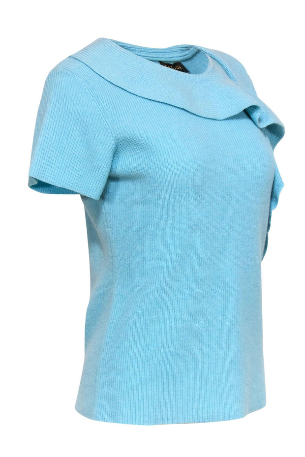 Current Boutique-Escada - Pool Blue Wool & Silk Short Sleeve Sweater w/ Ruffles Sz M