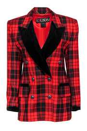 Current Boutique-Escada - Red & Black Plaid Double Breasted Wool Blazer w/ Velvet Lapels Sz 8
