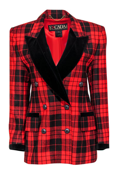 Current Boutique-Escada - Red & Black Plaid Double Breasted Wool Blazer w/ Velvet Lapels Sz 8