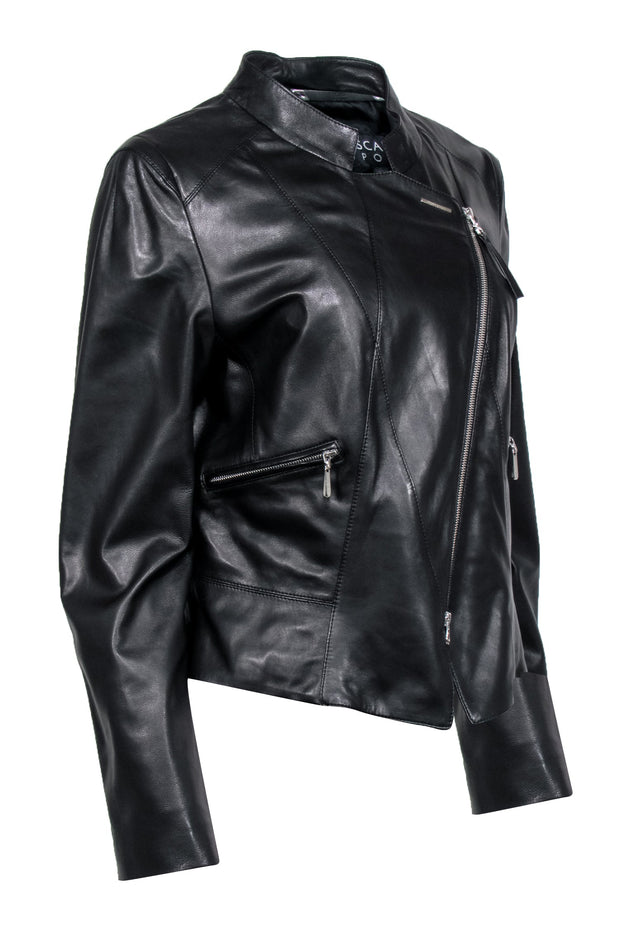 Current Boutique-Escada Sport - Black Collarless Leather Moto Jacket Sz 12