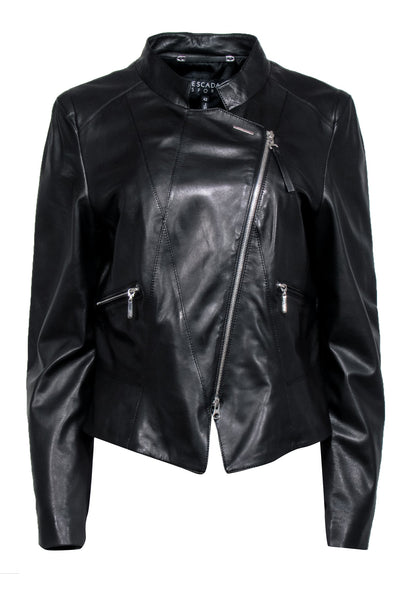 Current Boutique-Escada Sport - Black Collarless Leather Moto Jacket Sz 12