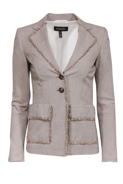 Current Boutique-Escada - Tan & White Knit Silk Blend Blazer w/ Fringe Trim & Front Pockets Sz 2