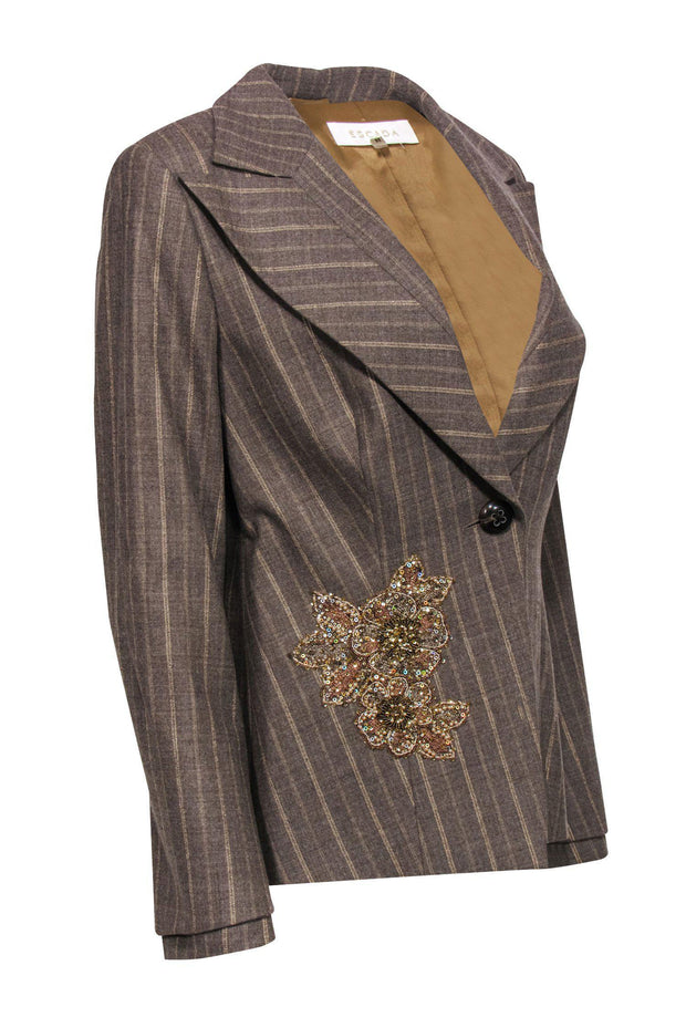 Current Boutique-Escada - Taupe Pinstripe Blazer w/ Floral Sequins Sz 12
