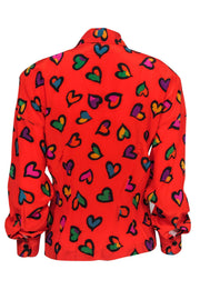 Current Boutique-Escada - Tomato Red Heart Print Button-Up Silk Blouse w/ Necktie Sz 4