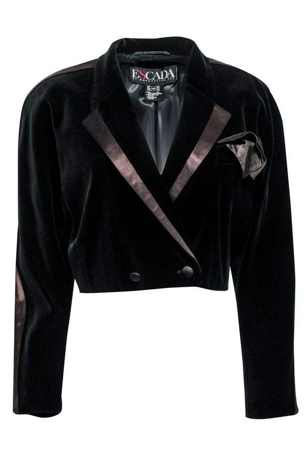 Current Boutique-Escada - Vintage Black Cropped Velvet Blazer w/ Pocket Square Sz 10