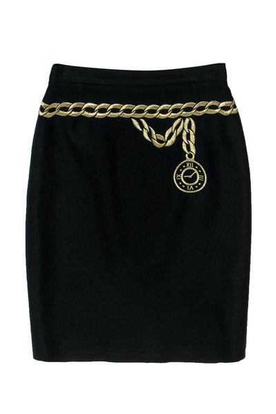 Current Boutique-Escada - Vintage Black Wool Pencil Skirt w/ Embroidery Sz 4