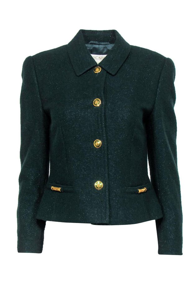 Current Boutique-Escada - Vintage Emerald Metallic Wool Blend Jacket w/ Gold Buttons Sz 6