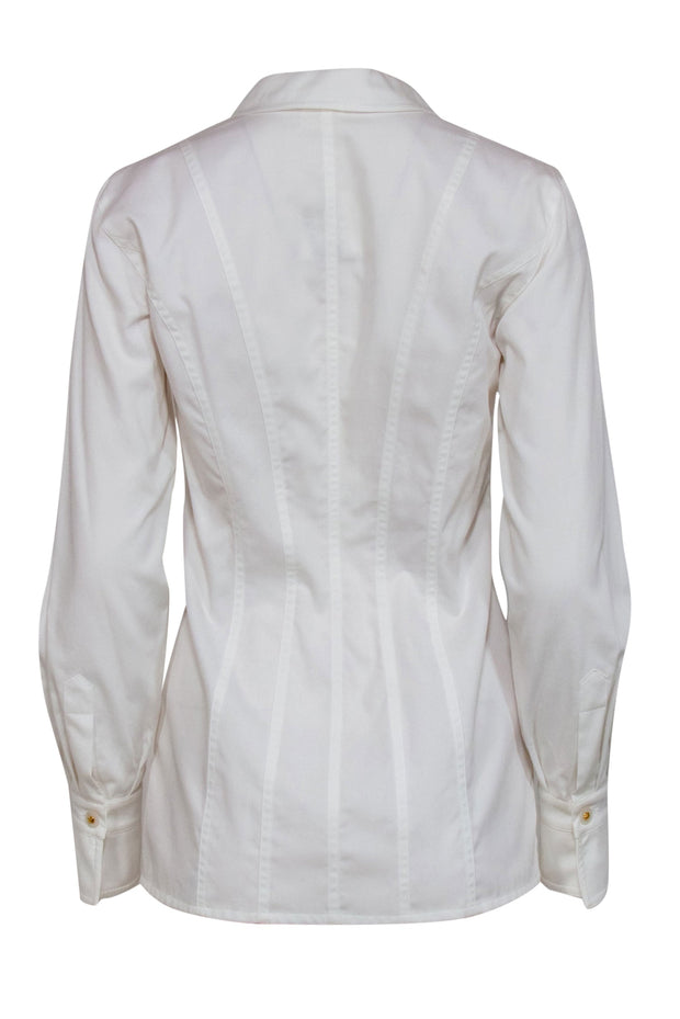 Current Boutique-Escada - White Cotton Button-Up Blouse w/ Peak Lapel Collar Sz 4