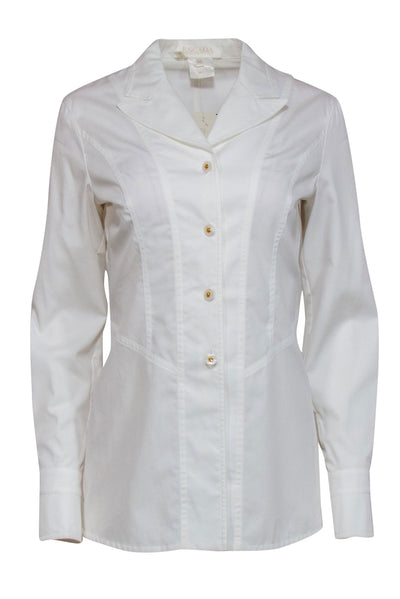 Current Boutique-Escada - White Cotton Button-Up Blouse w/ Peak Lapel Collar Sz 4