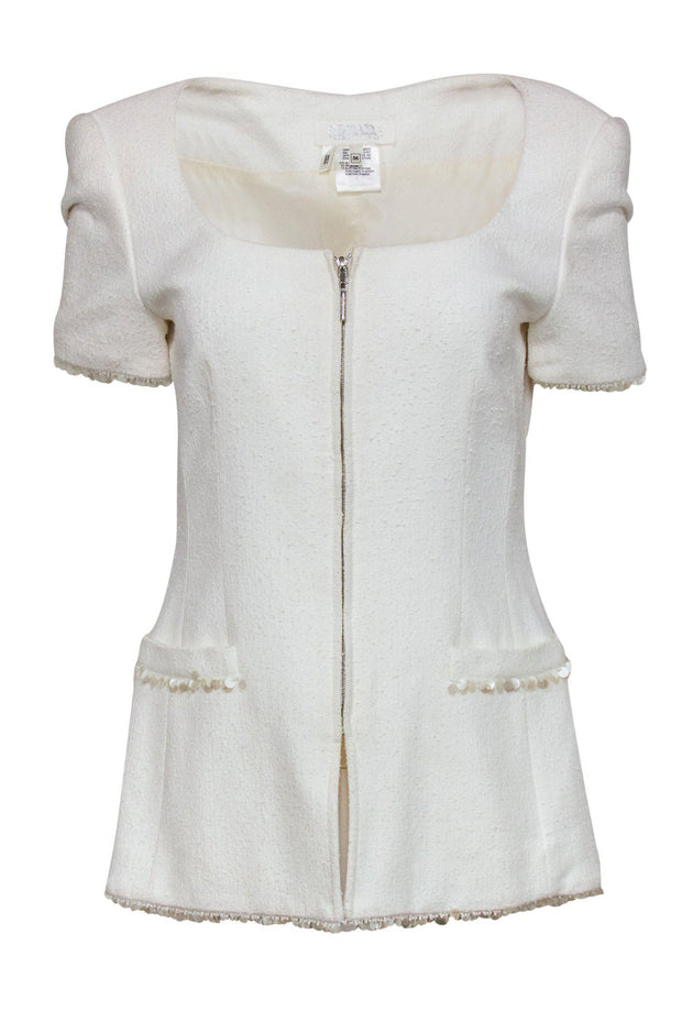 Current Boutique-Escada - White Short Sleeve Woven Jacket w/ Sequin Trim Sz 6