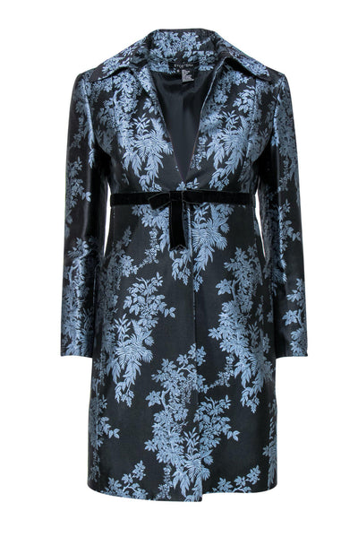 Current Boutique-Etcetera - Black & Blue Floral Print Midi Jacket w/ Velvet Bow Sz 0