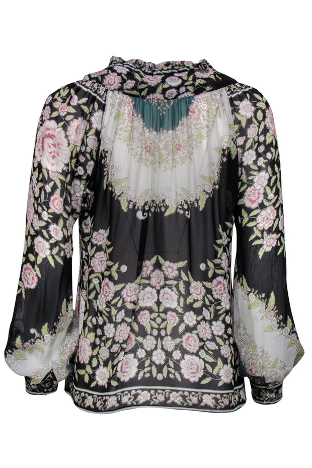 Current Boutique-Etro - Black, Green & Pink Floral Print Half Button-Up Silk Long Sleeve Blouse Sz M