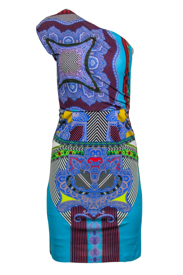 Current Boutique-Etro - Blue Multicolored Multi-Print One-Shoulder Sleeveless Sheath Dress Sz 4