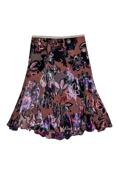 Current Boutique-Etro - Brown & Purple Velvet Floral Print Midi Skirt Sz 6