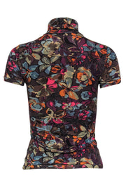 Current Boutique-Etro - Dark Brown & Multicolor Floral Print Short Sleeve Mock Neck Top Sz S