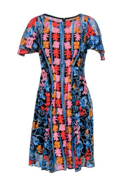 Current Boutique-Eva Franco - Black & Multicolored Floral Embroidered Short Sleeve Fit & Flare Dress Sz 6