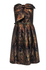Current Boutique-Eva Franco - Bronze Metallic Floral Brocade Strapless Fit & Flare Dress Sz 10