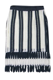 Current Boutique-Eva Franco - Navy & White Crochet Midi Skirt w/ Fringed Hem Sz M