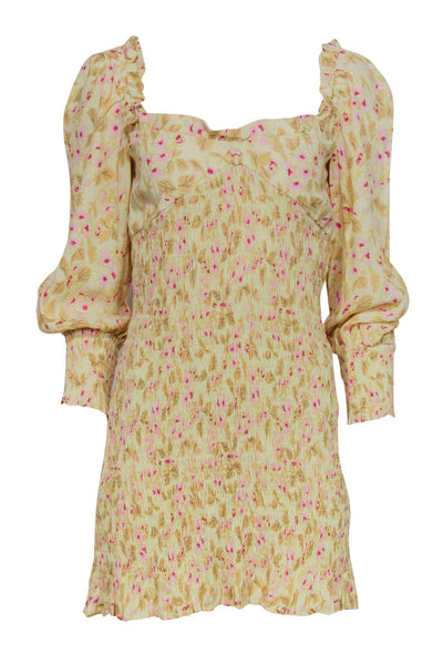 Current Boutique-Faithfull the Brand - Light Yellow & Pink Floral Print Smocked Ruffle Dress Sz 4