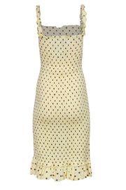 Current Boutique-Faithfull the Brand - Pale Yellow & Brown Polka Dot Ruched Ruffled Midi Dress Sz M