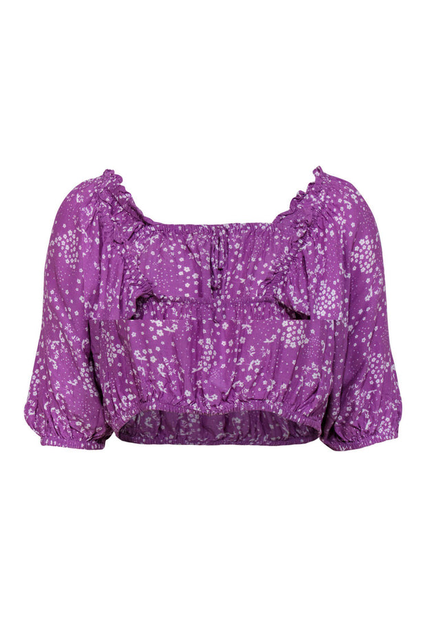 Current Boutique-Faithfull the Brand - Purple & White Floral Print Puff Sleeve Cropped Blouse Sz M