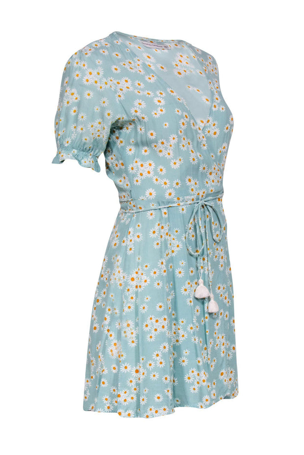 Current Boutique-Faithfull the Brand - Sky Blue Daisy Print Short Sleeve Wrap Dress Sz L