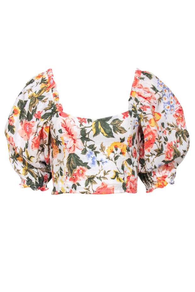 Current Boutique-Faithfull the Brand - White Floral Puff Sleeve Crop Top Sz 4