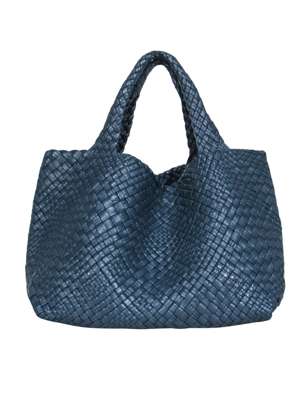 Falor – Large Blue Woven Leather Tote Bag – Current Boutique