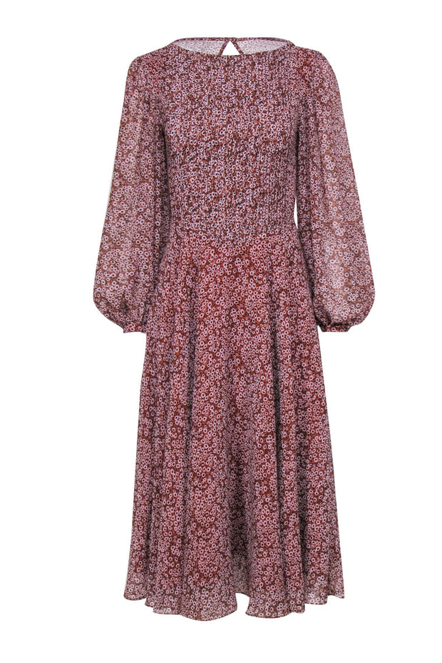 Current Boutique-Fame and Partners - Brown, Light Pink & Black Floral Puff Sleeve Midi Dress Sz 0