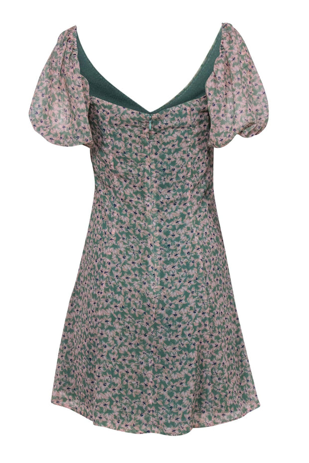 Current Boutique-Fame and Partners - Green Floral Print Puff Sleeve Mini Dress Sz 4