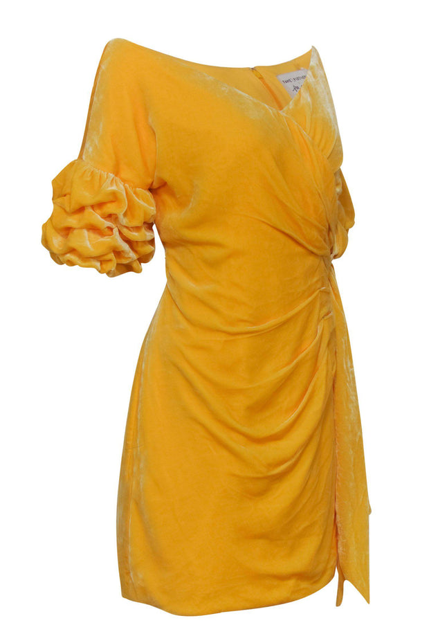 Current Boutique-Fame and Partners x Free People - Bright Yellow Velvet Puff Sleeve Faux Wrap Dress Sz 10