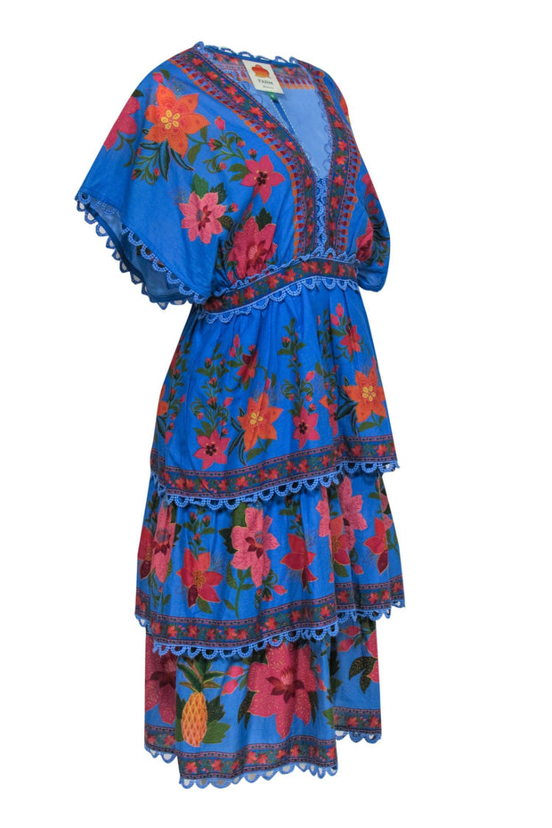 Current Boutique-Farm - Blue & Multicolor Floral & Pineapple Print Tiered Embroidered Dress Sz M