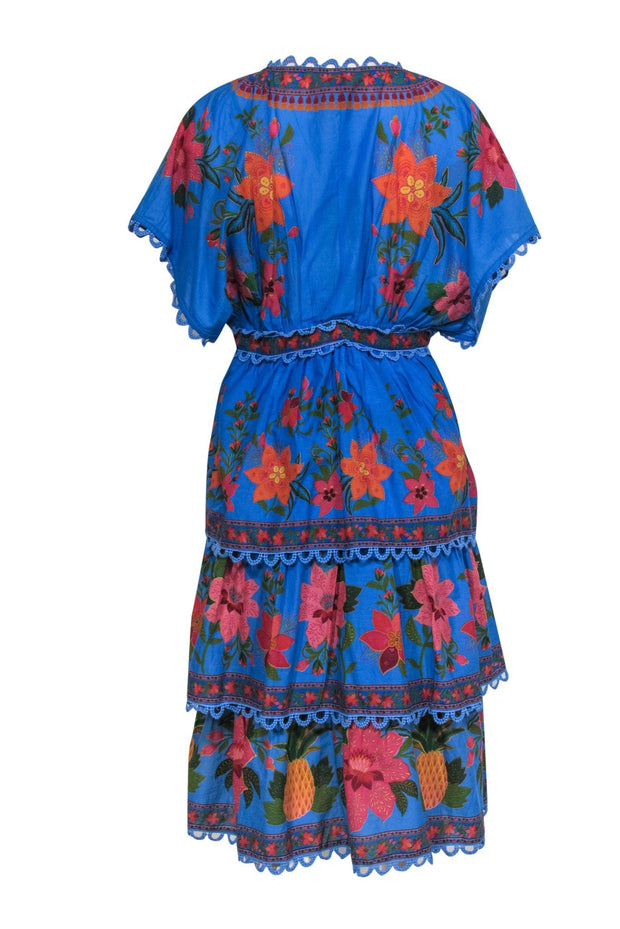 Current Boutique-Farm - Blue & Multicolor Floral & Pineapple Print Tiered Embroidered Dress Sz M