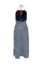 Current Boutique-Farm - Blue & White Striped Halter Dress w/ Tropical Embroidery Sz S