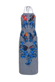 Current Boutique-Farm - Blue & White Striped Halter Dress w/ Tropical Embroidery Sz S