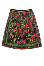 Current Boutique-Farm - Green & Pink Floral w/Leopard & Parrot Print Pleated Skirt Sz L