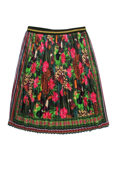 Current Boutique-Farm - Green & Pink Floral w/Leopard & Parrot Print Pleated Skirt Sz L