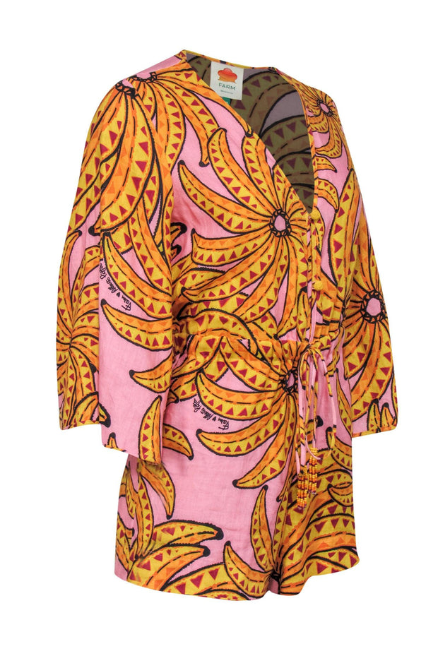 Current Boutique-Farm - Light Pink Banana Print Linen Romper w/ Buttons & Tie Waist Sz XS