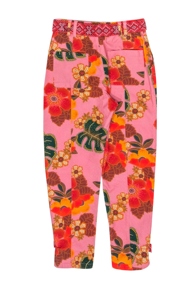 Current Boutique-Farm - Pink & Multicolor Floral & Leaf Print High-Waist Pants Sz S