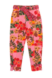 Current Boutique-Farm - Pink & Multicolor Floral & Leaf Print High-Waist Pants Sz S