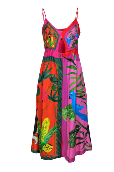 Current Boutique-Farm - Purple & Multicolor Tropical Print Sleeveless Button-Up Midi Dress Sz M