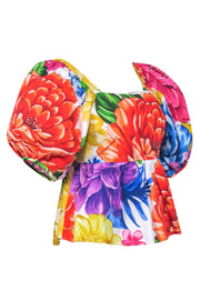 Current Boutique-Farm - Rainbow Floral Print Puff Sleeve Peplum Blouse Sz XS