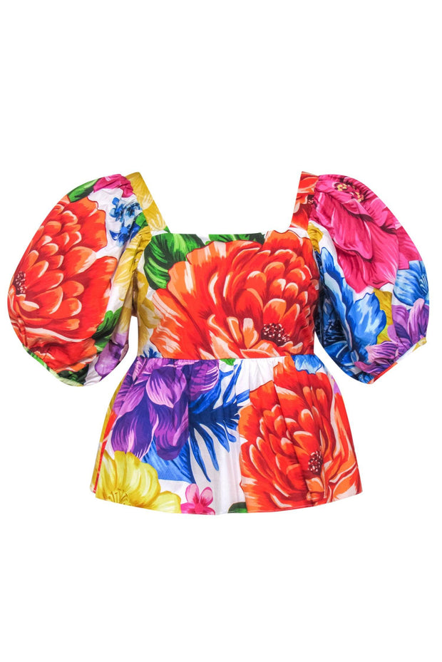 Current Boutique-Farm - Rainbow Floral Print Puff Sleeve Peplum Blouse Sz XS