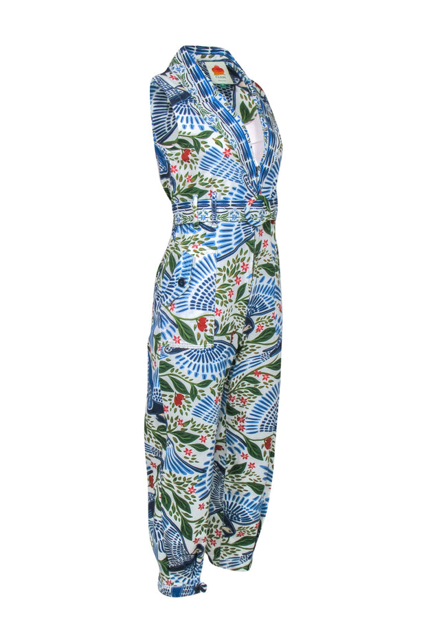 Current Boutique-Farm - White & Blue Bird & Leaf Print Tapered Leg Jumpsuit Sz XS