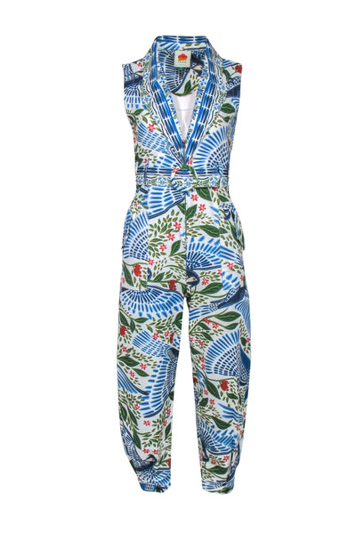 Current Boutique-Farm - White & Blue Bird & Leaf Print Tapered Leg Jumpsuit Sz XS